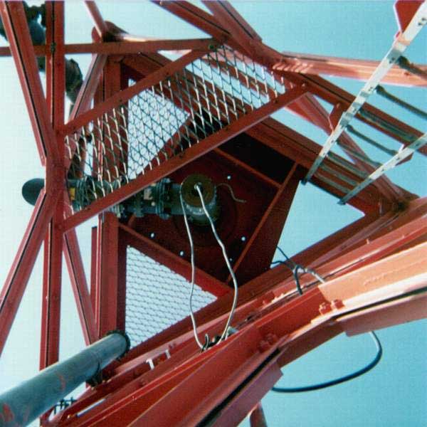 Looking up at the TV antenna base on the KXTX tower at 1,500 feet, February 1982