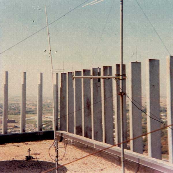 440 MHz remote base antenna on the TV mast at the TWU dormitory roof, pointed south toward DFW, October 1980