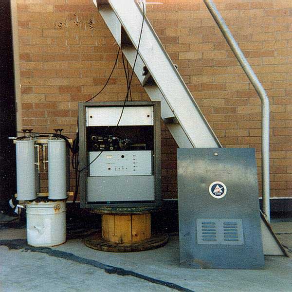Front of the 224.02 MHz WB5SUF repeater on the TWU roof showing 'high water' modifications, October 1980