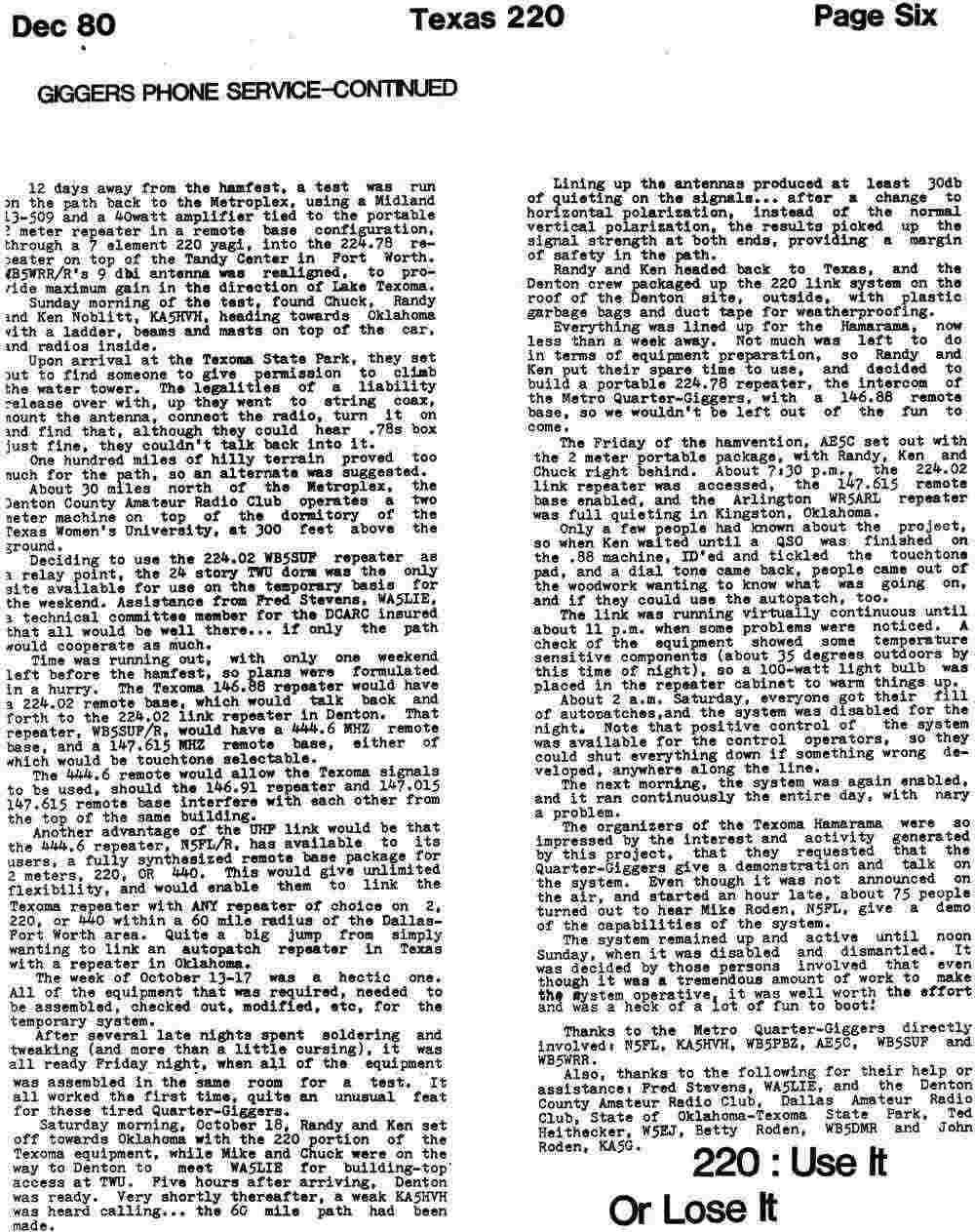 Texas 220 newsletter, Volume 1 Number 1, December 1980 — page 6
